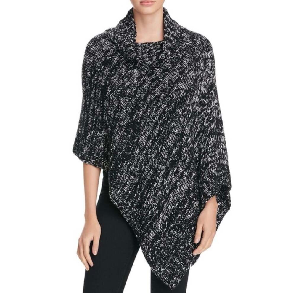 Eileen Fisher Black White Marled Knit Funnel Neck Chunky Poncho Sweater One Size